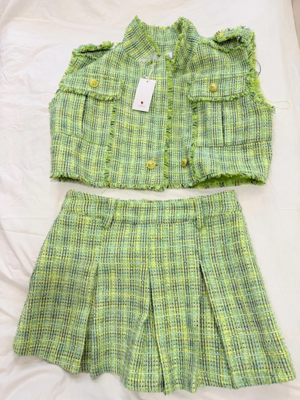 LATISTE Green Tweed 2PC Set Vest + Pleated Skort Size L NWT Preppy Coquette - Picture 2 of 10